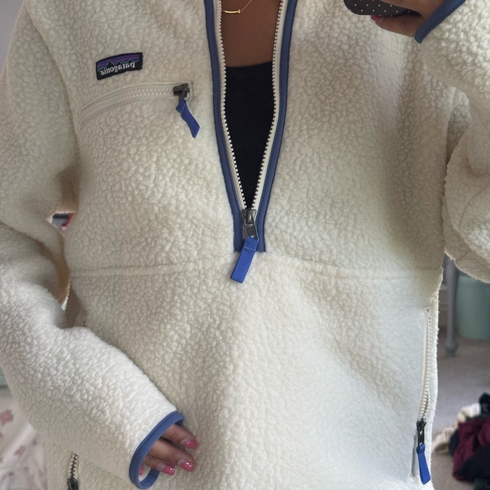 Patagonia Cream Jacket with Blue Trim